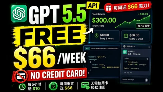 《2026最新：免费获得300美元AI额度！支持GPT 5.5 / 5.4 Pro，实测可API调用》