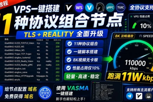 《一台VPS榨干到极致！一键搭建11种不同协议的节点，8K不卡，性能占用仅10%，跑满11W kbps！》