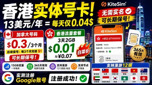 加拿大号码季度仅需0.3美元？KiteSim实测：国外号码低成本保号，香港3天2GB流量仅0.01美元