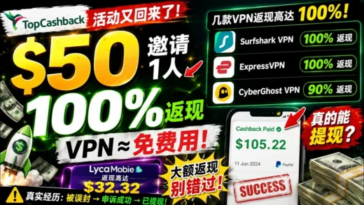 TopCashback又有羊毛了！邀请1人赚$50，VPN 100%返现，我已成功提现